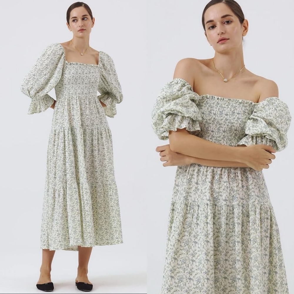Entro Smocked Milkmaid Midi Dress Puff Sleeve White Blue Ditsy Floral Print L